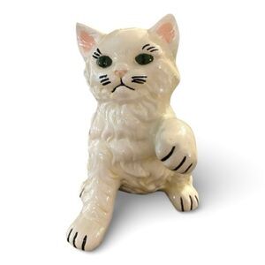 Vintage Ceramic Persian Cat, Extending a Paw, White with Green Eyes.